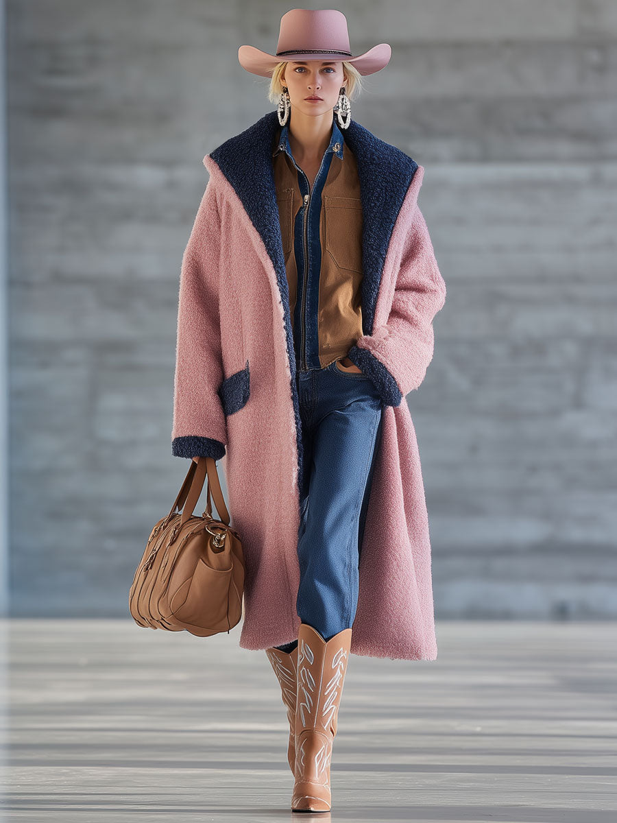 Veste Longue en Polaire Bleu Marine et Rose – Élégance Nomade Urbaine au Style Rétro