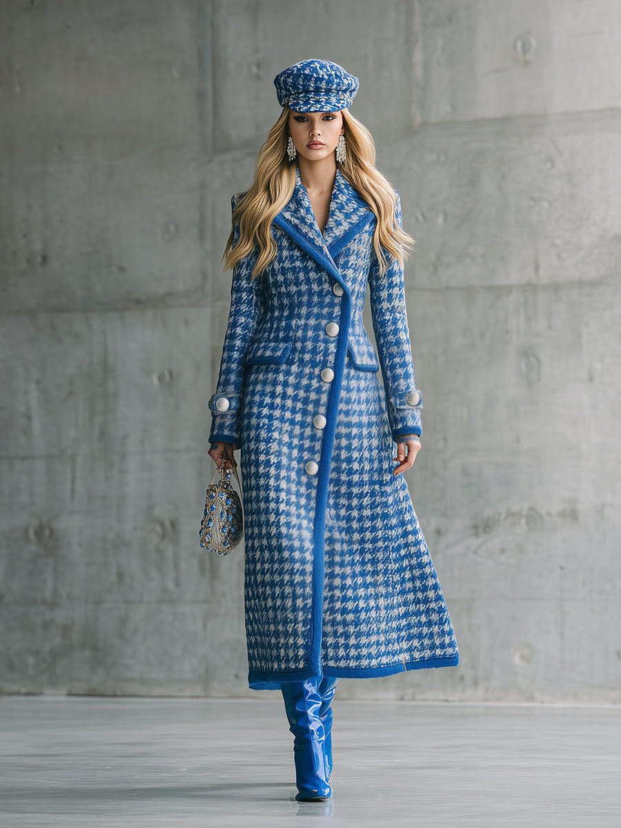Veste Longue Houndstooth Bleu : Élégance Rétro pour l'Automne et l'Hiver