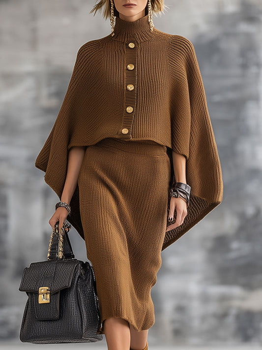 Ensemble Décontracté en Tricot Marron à Motif Rétro