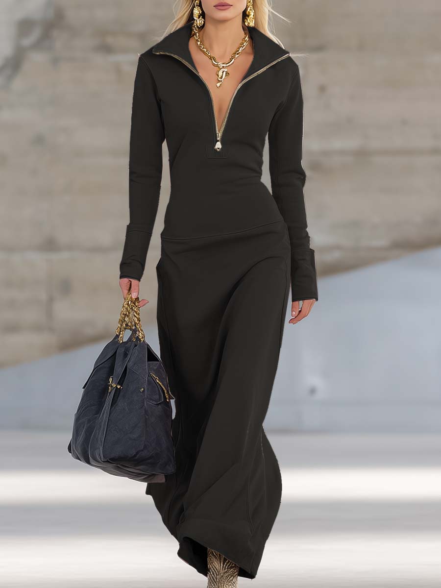 Robe Maxi Élégante Rose Rétro Sportive à Col V avec Fermeture Éclair et Manches Longues