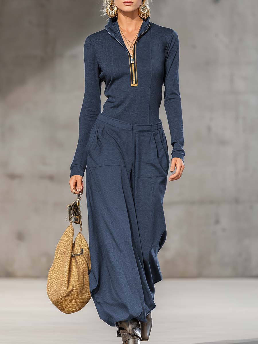 Ensemble Sportif Rétro en Gris Foncé avec Col Mi-Haut, Zip Avant et Pantalons Amples