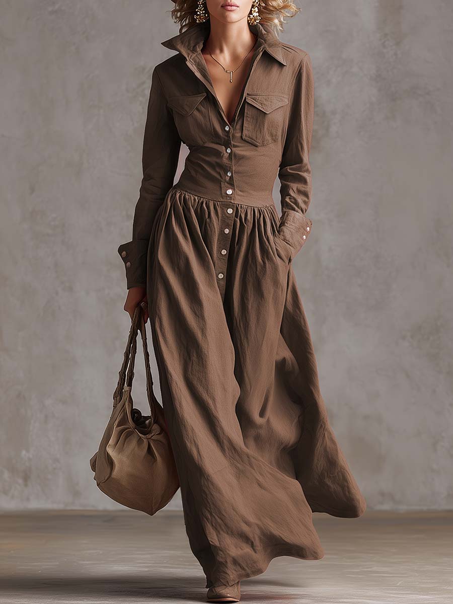 Robe Maxi Élégante en Coton et Lin Rouge - Style Veste de Vent avec Détails à Boutons