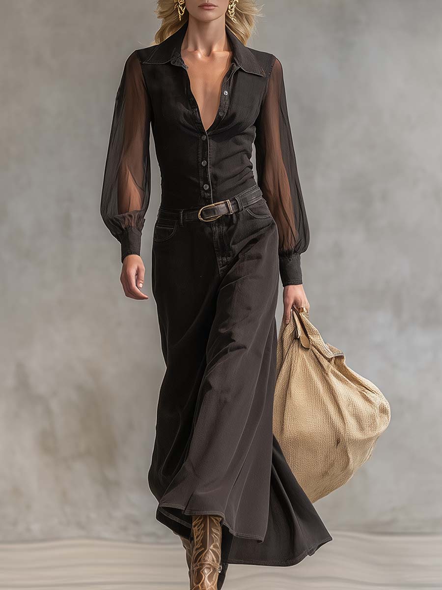 Robe Maxi en Denim Noir Transparent à Manches Longues et Col V avec Détails Vintage Western