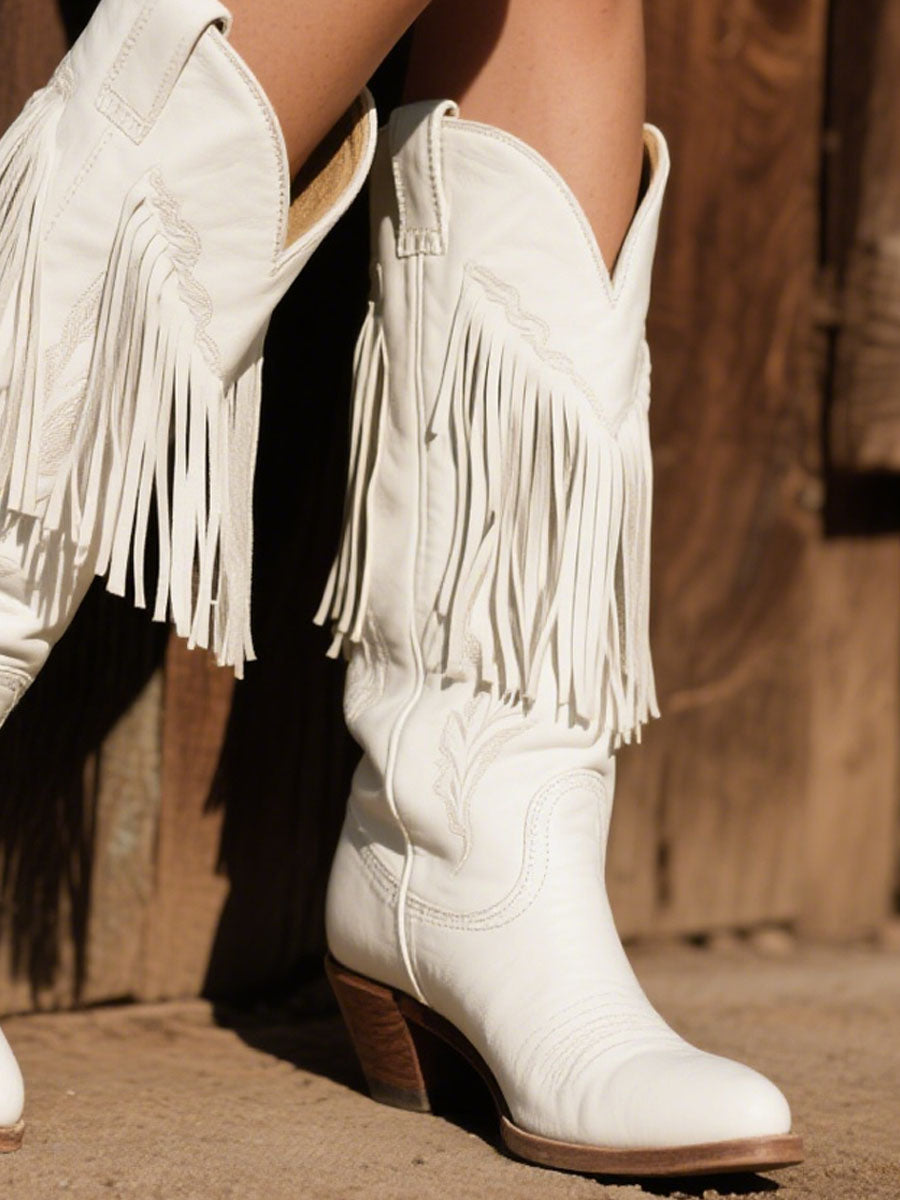 【Expédition rapide en 24 heures】Bottes de cowboy en cuir ornées de broderies et de franges pour femmes