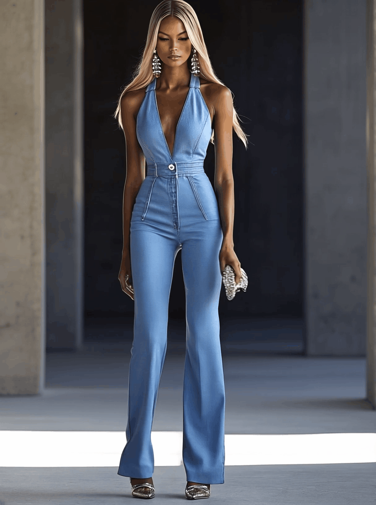 Expédition Rapide en 24 Heures : Élégante Combinaison Sans Manches en Denim Bleu Clair avec Col en V