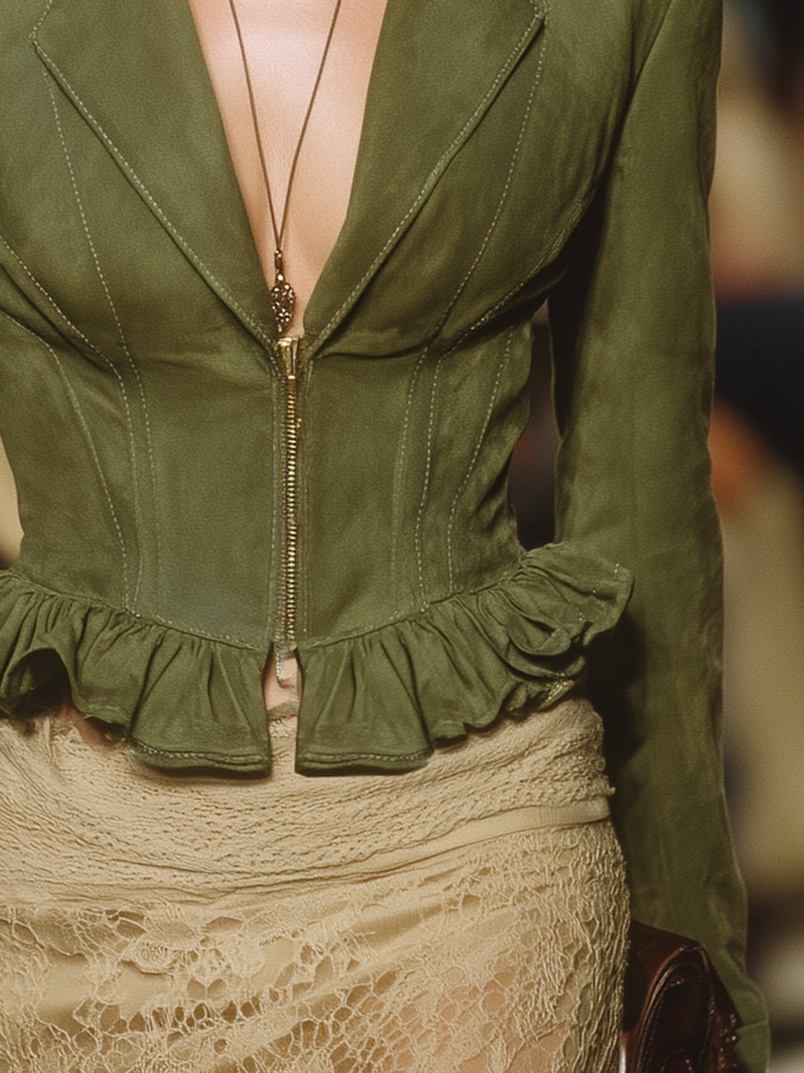 Veste courte zippée rétro western en vert militaire avec volants