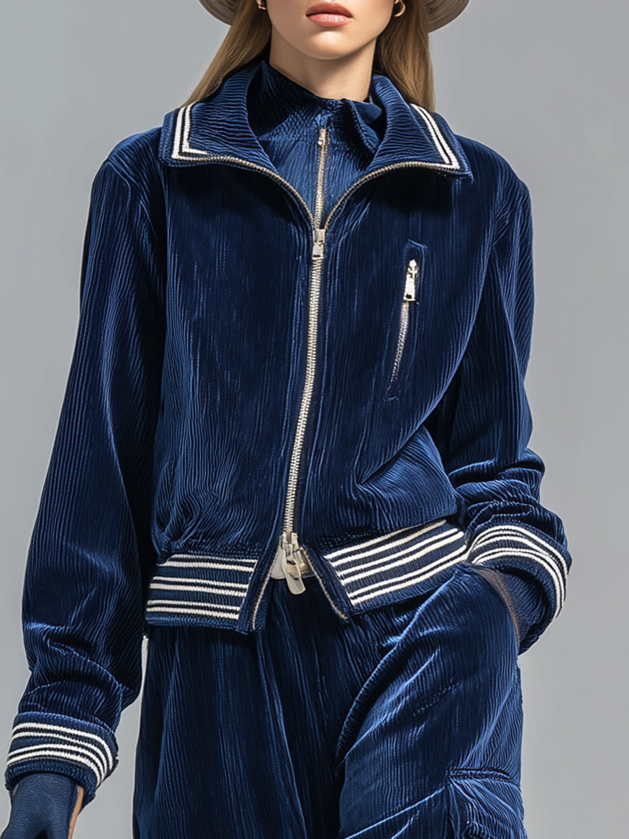 Ensemble Sportif Rétro en Velours Côtelé Bleu Foncé : Veste et Pantalon