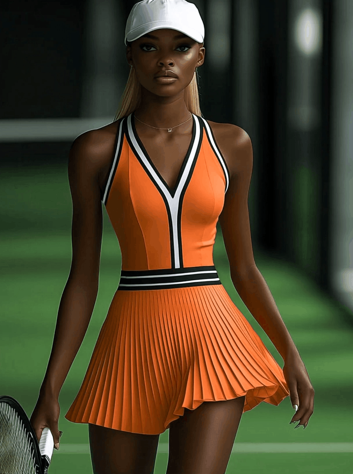 Robe Mini Plissée Orange Sans Manches avec Détails Noirs et Blancs - Expédition en 24 Heures
