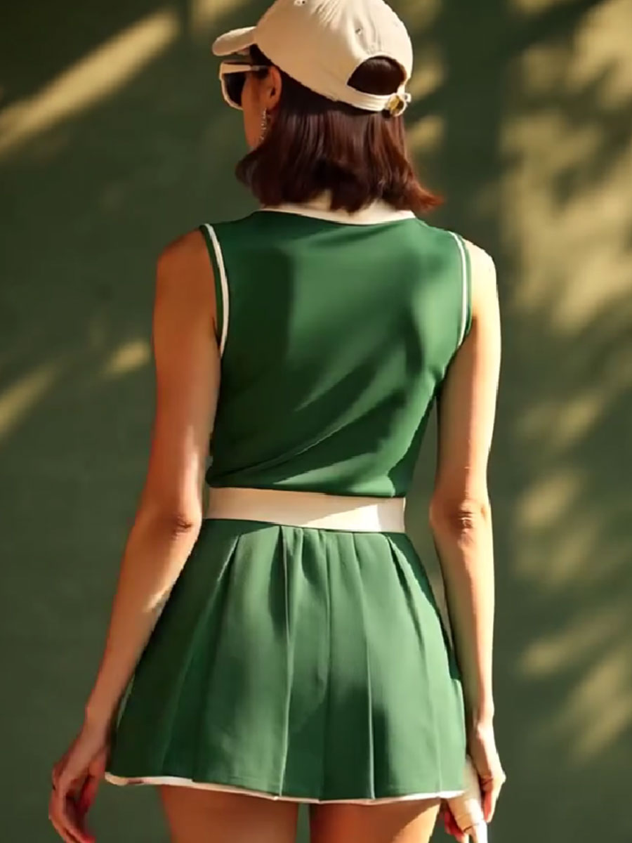 Robe Mini Sans Manches Verte à Col Polo avec Détails Blancs - Expédition Rapide en 24 Heures