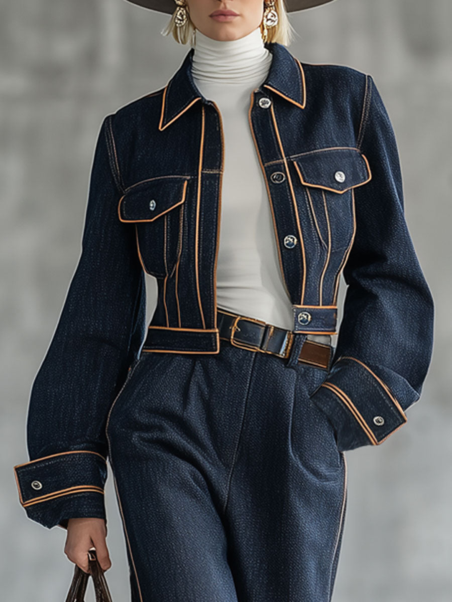 Ensemble Chic : Veste en Jean Navy au Style Rétro et Pantalon Court