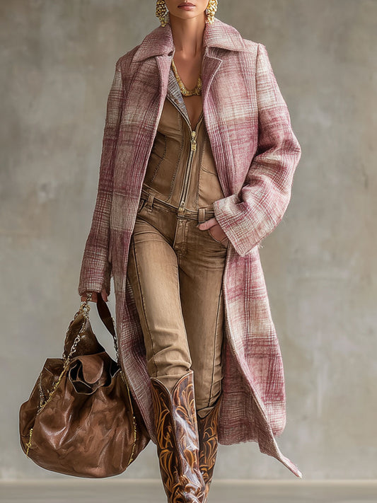 Veste en Laine à Motif Carreaux Roses avec Poches Doubles et Revers Élégants