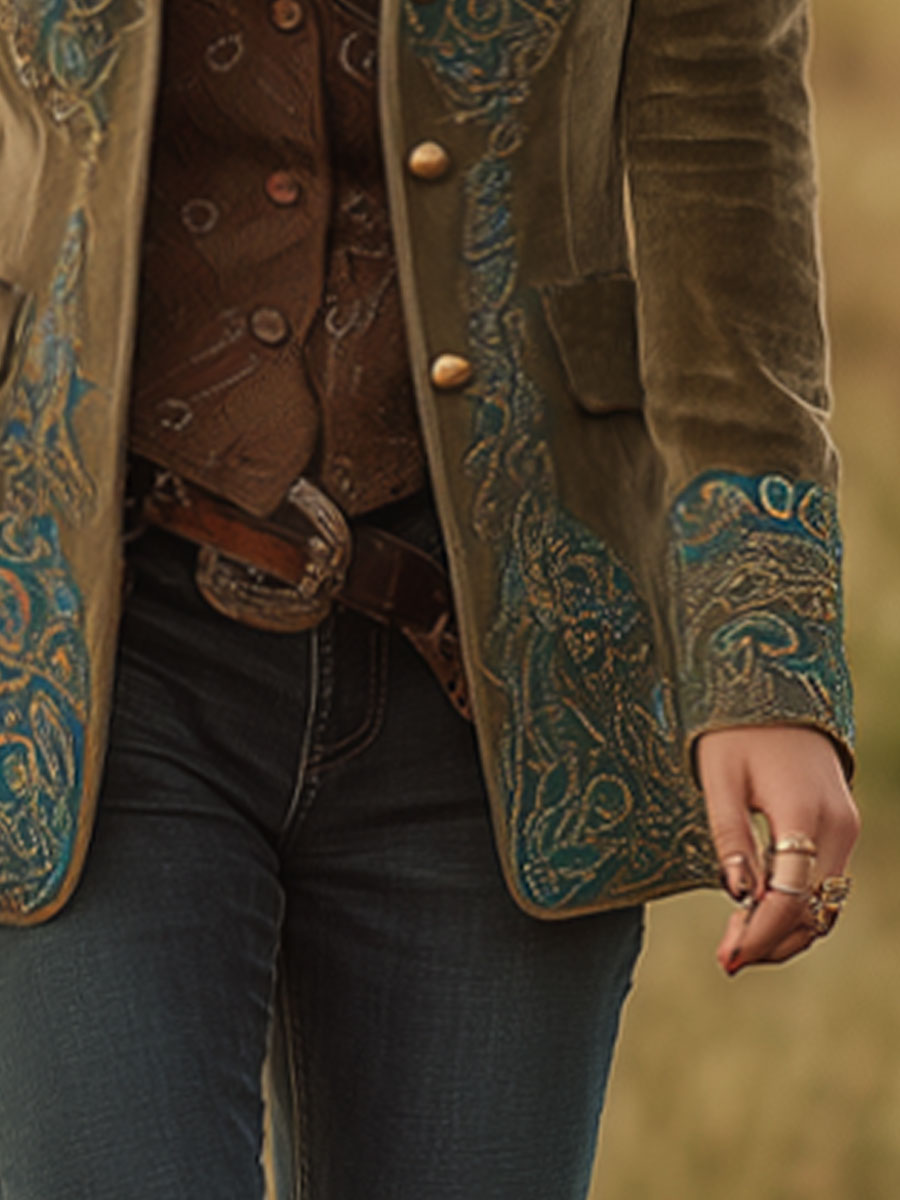 Veste en Velours Vert Armée avec Imprimé Paon - Style Nomade Western Rétro
