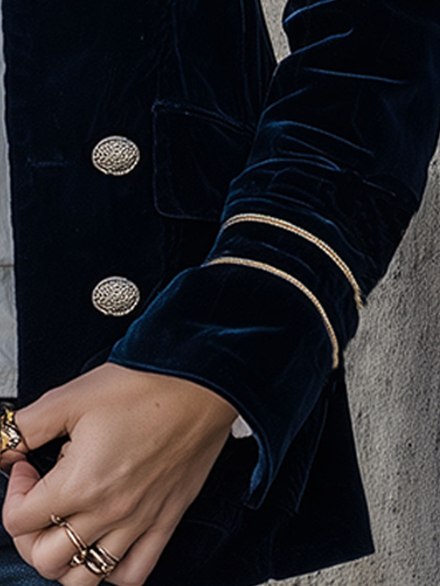 Veste Retro en Velours Bleu Foncé à Double Boutonnage