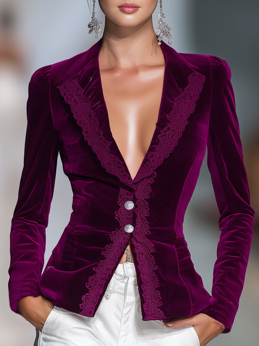 Veste Vintage en Velours Élégante avec Détails Lacés et Boutonnage Simple