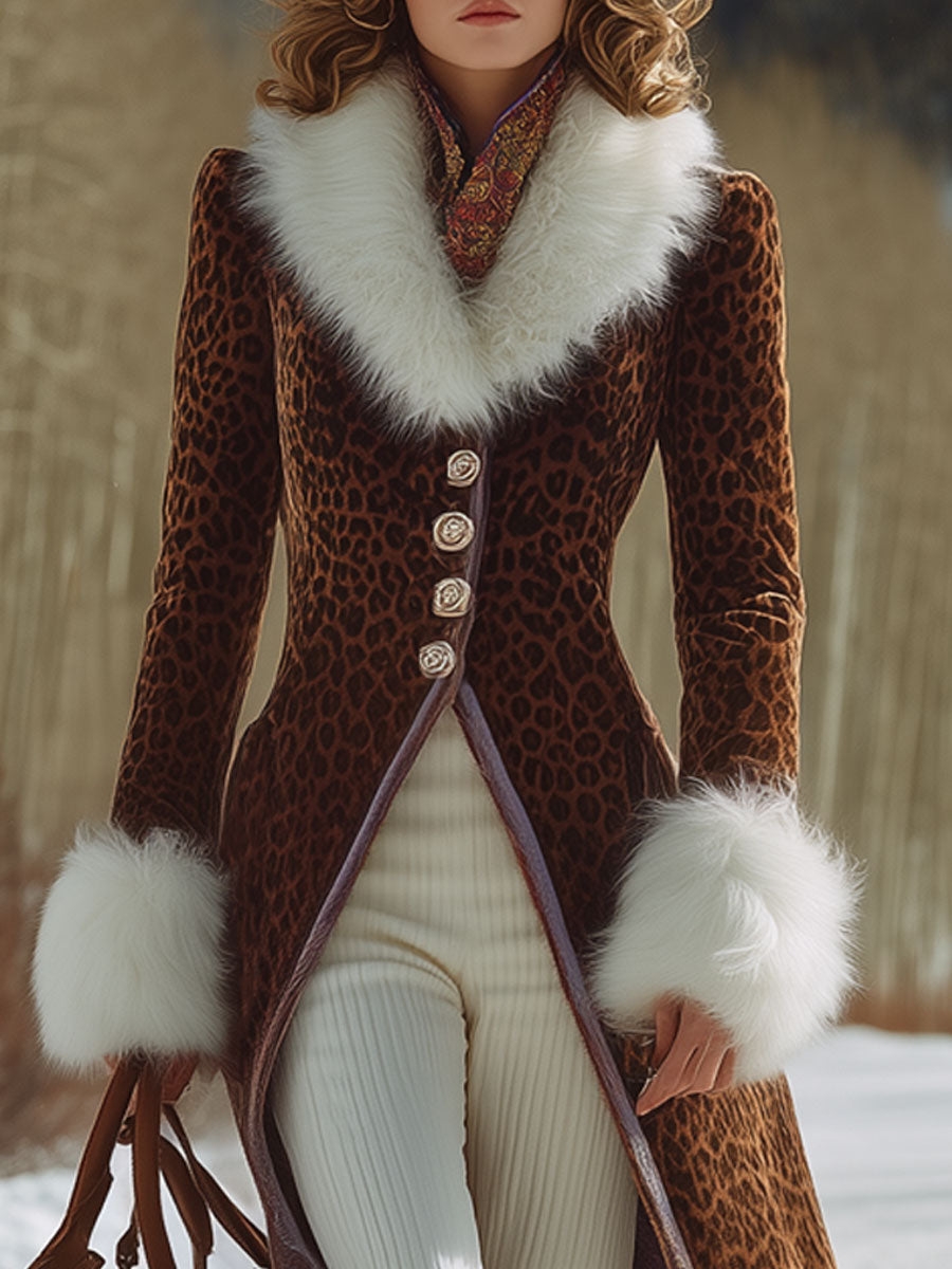 Veste Longue en Velours Léopard Brun Rétro avec Col en Fourrure Écologique