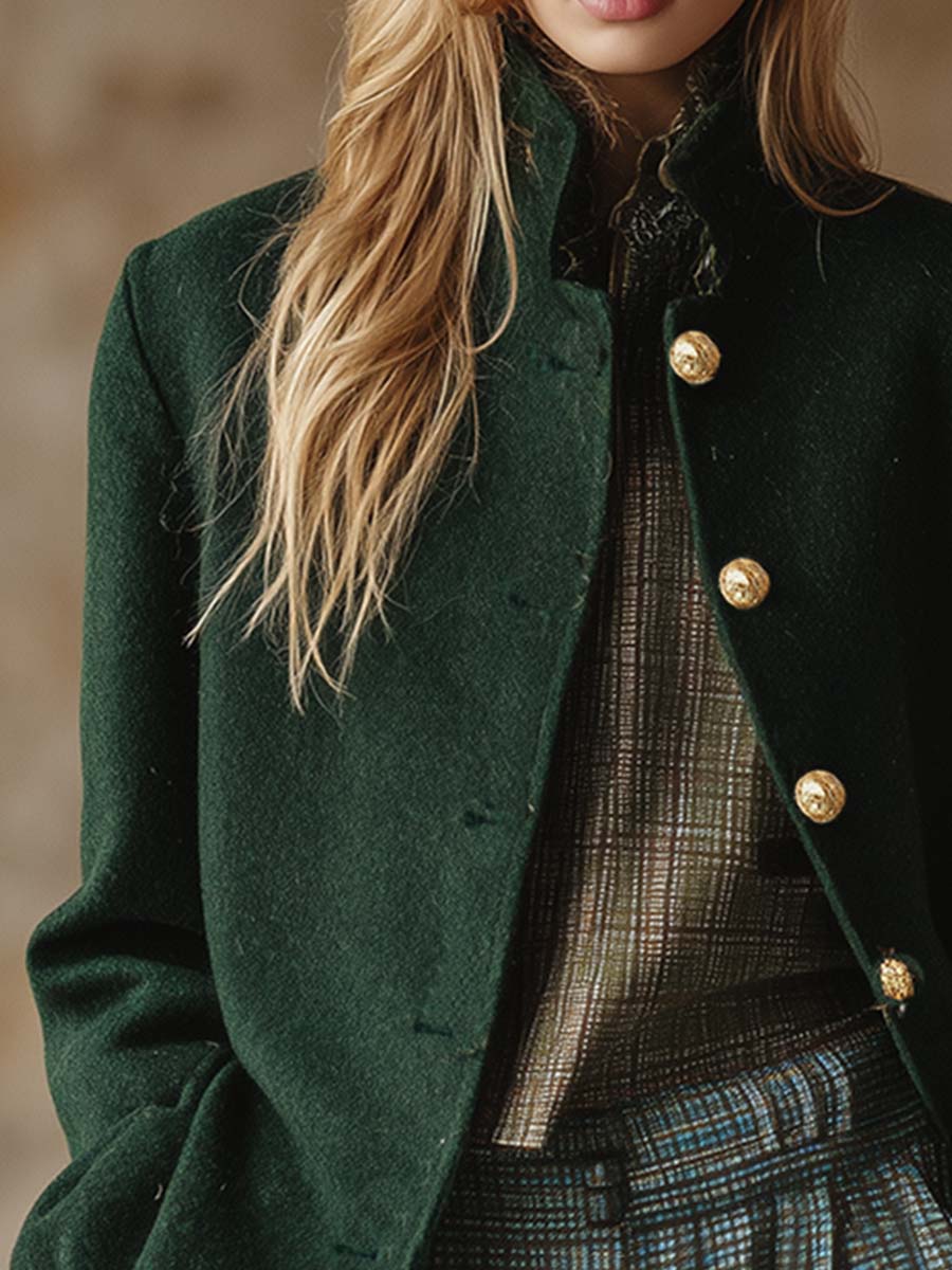 Veste en laine verte rétro à col montant