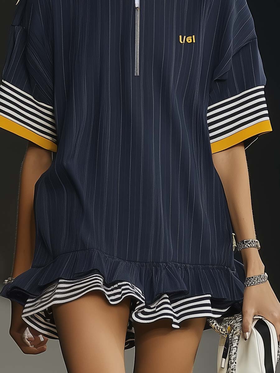 Robe Mini Hoodie Ultra-Large en Bleu Marine avec Fermeture Éclair et Ourlet Volanté - Expédition Rapide en 24 Heures