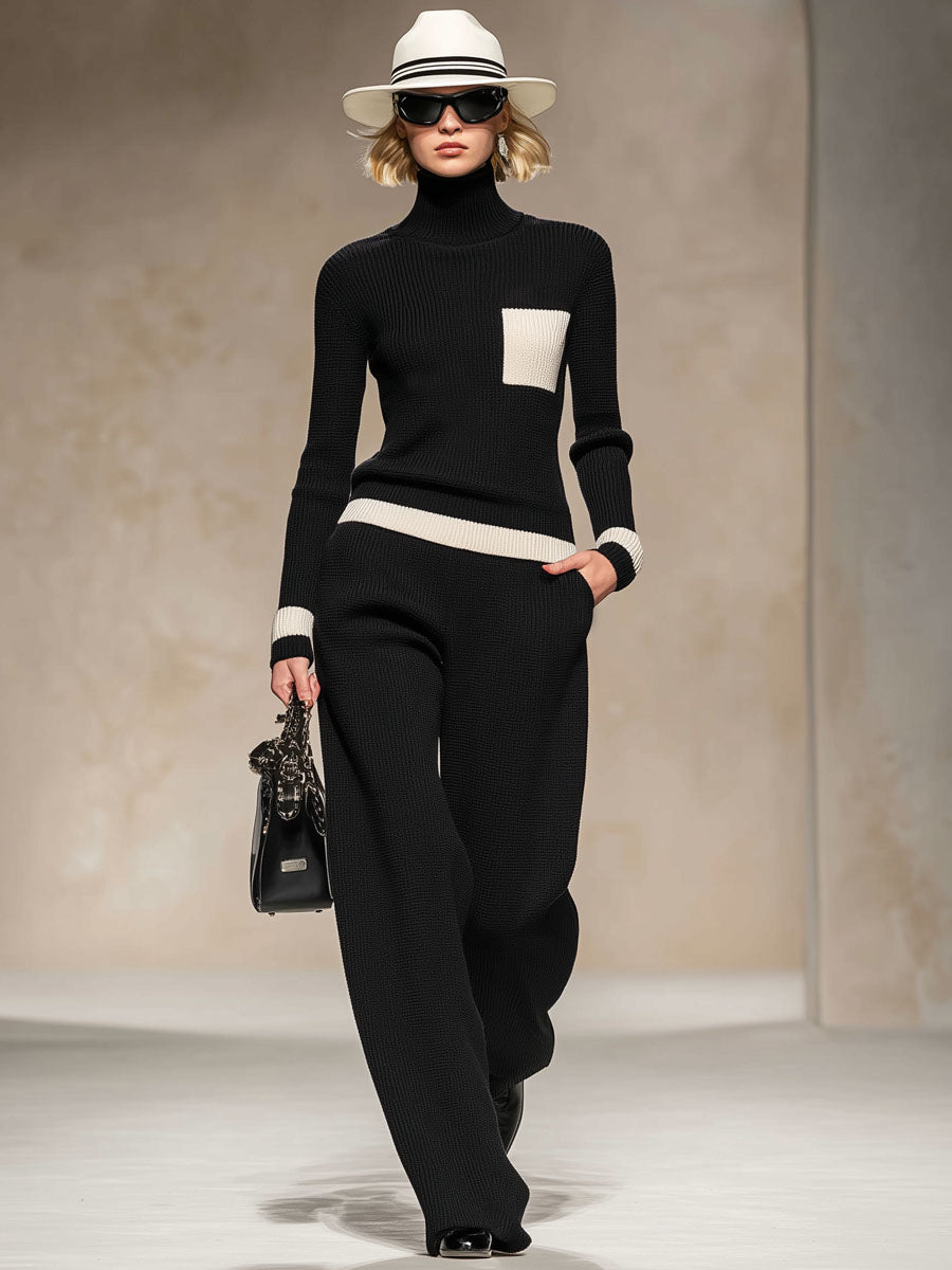 Ensemble Tricoté Chic : Pull Col Roulé Contrasté et Pantalons Évasés