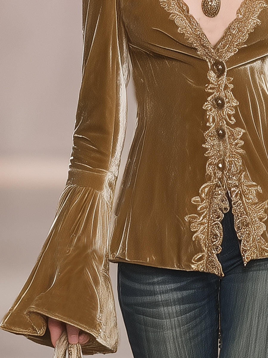 Élégante Blouse en Velours Doré à Manches Trompette et Décolleté en V