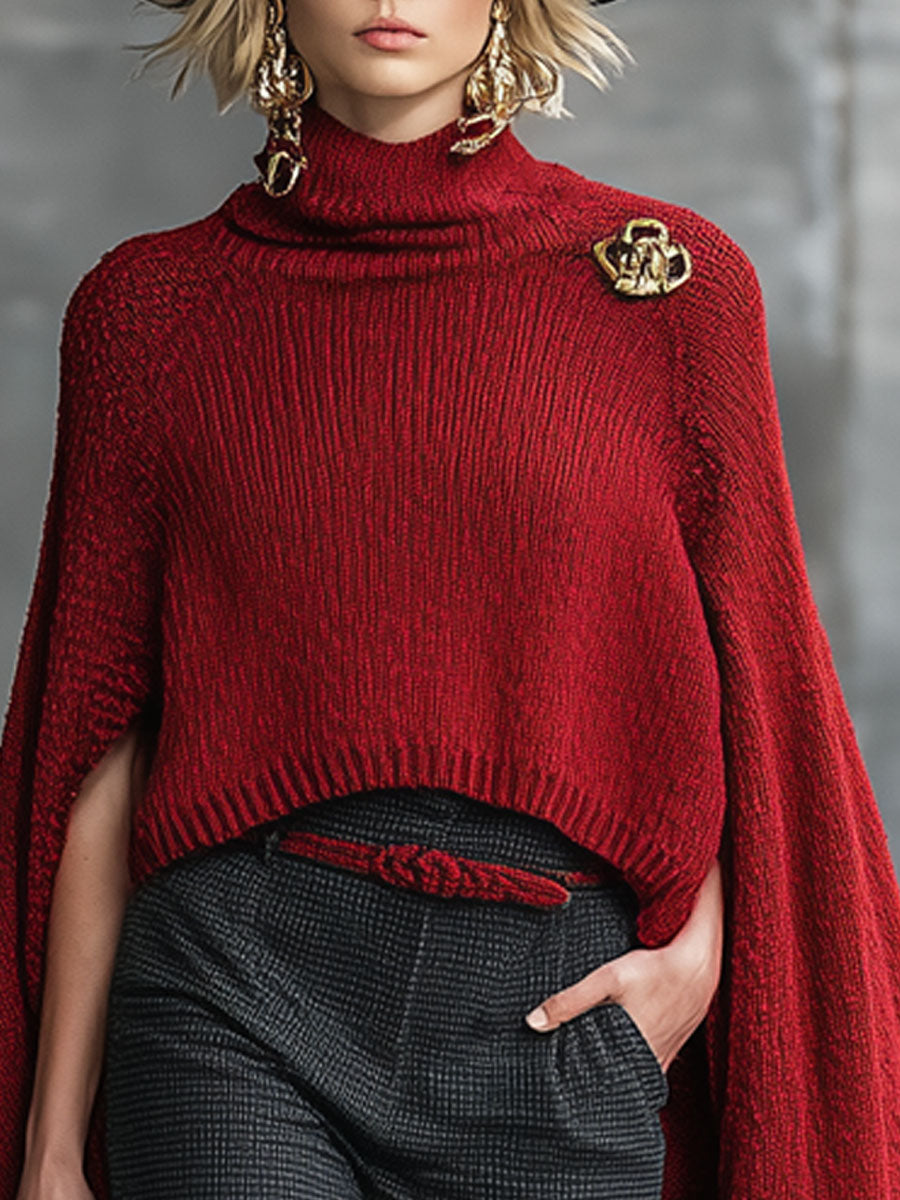 Rétro Rouge : Pull Cape Tricoté Élégant