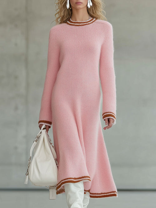 Robe Midi A-Line Tricotée Rose au Bord Brun Vintage