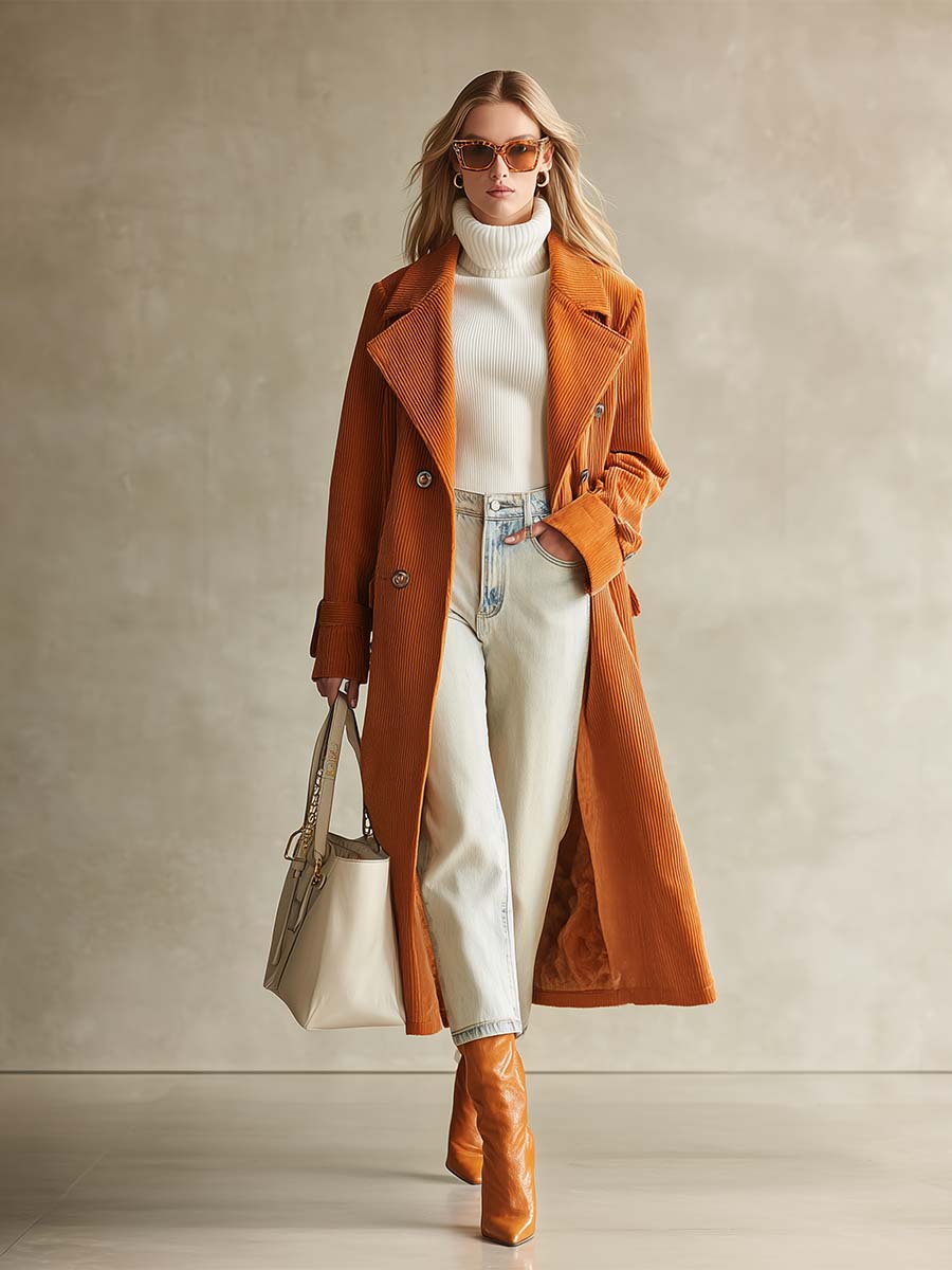 Veste mi-longue en velours côtelé orange, doublée en polaire chic et chaleureuse