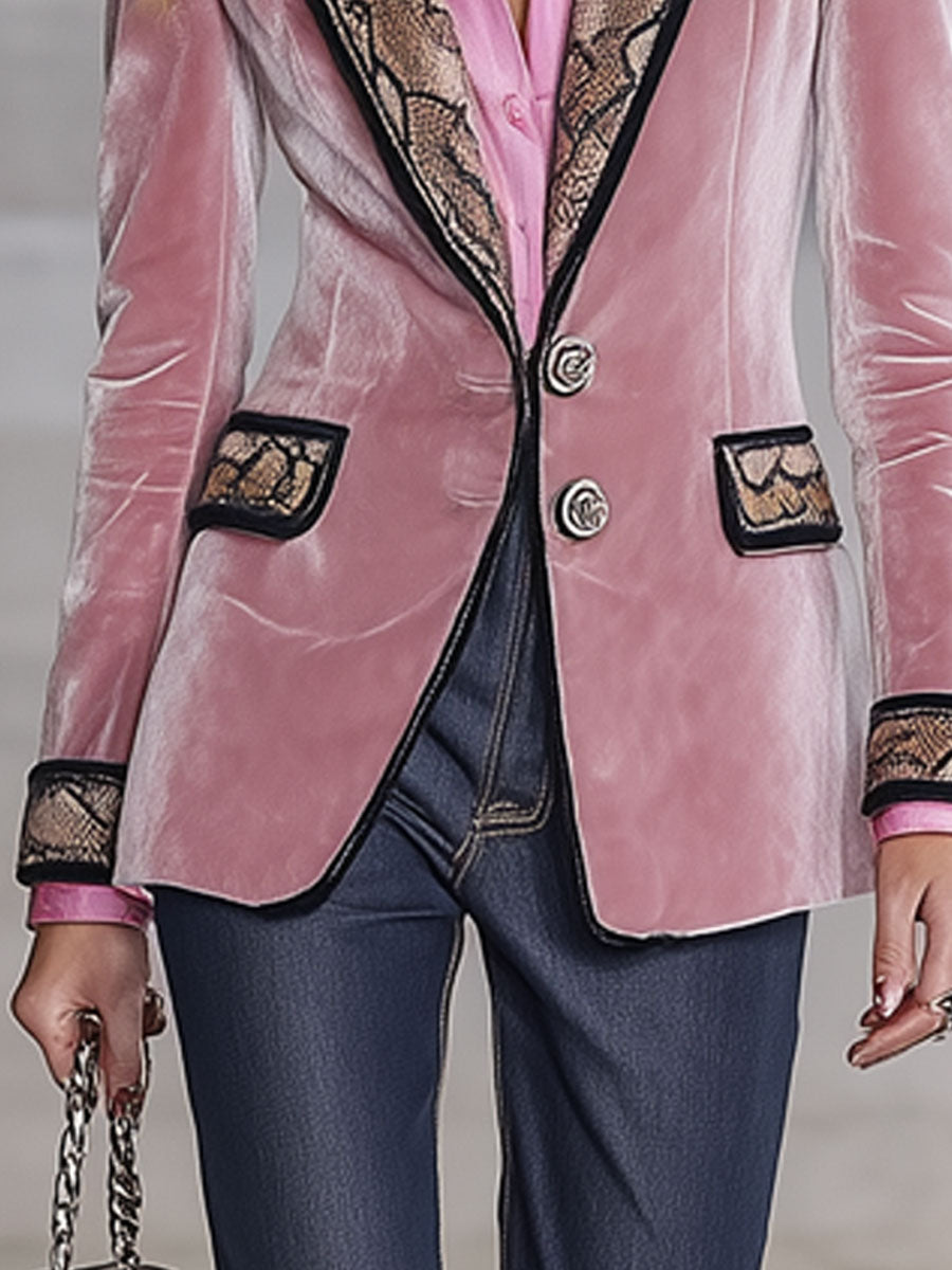 Veste en Velours Rose Rétro Western avec Motif Serpent