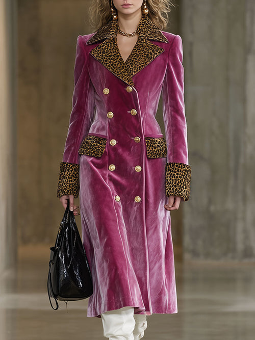 Long Velvet Rose Red Coat with Vintage Brown Leopard Print