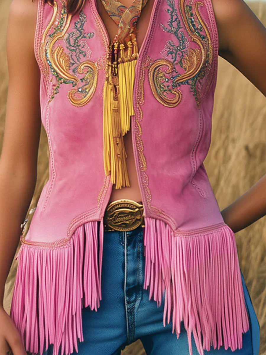 Veste en Velours Rose Vintage avec Broderie Dorée et Franges - Expédition Rapide en 24 Heures