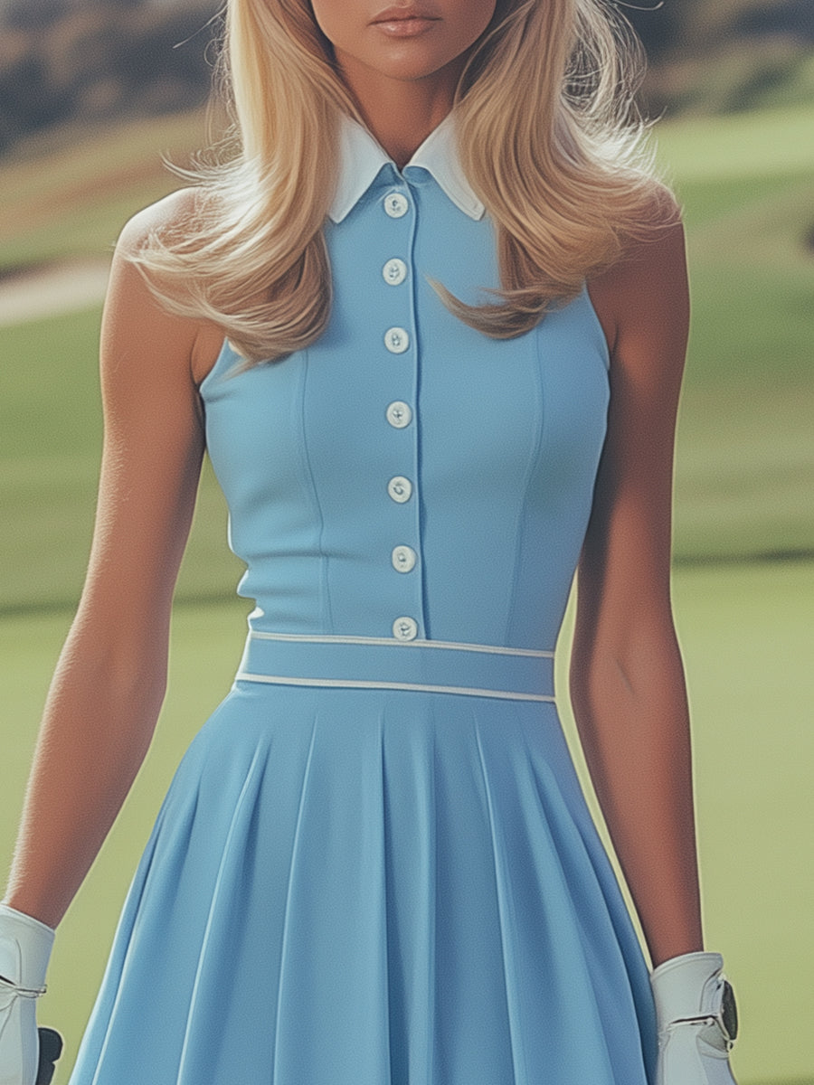 Robe Mini Sans Manches Bleu Bébé avec Détails de Boutons Blancs – Expédition en 24 Heures!