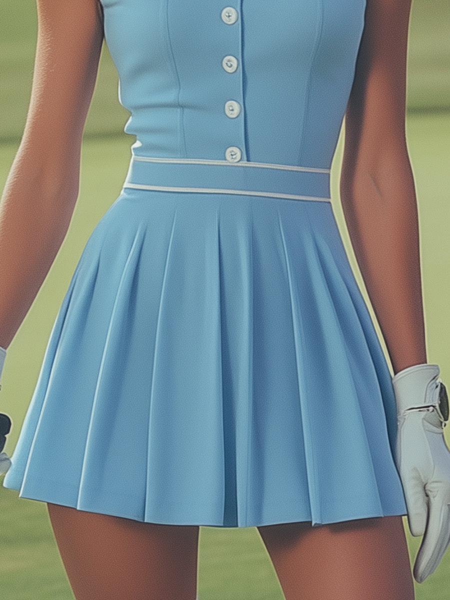 Robe Mini Sans Manches Bleu Bébé avec Détails de Boutons Blancs – Expédition en 24 Heures!