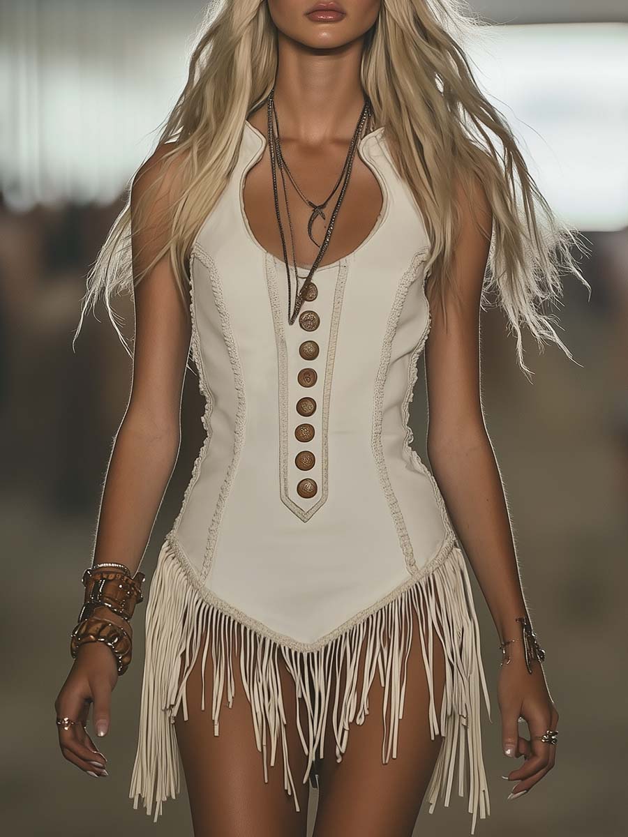 Robe Mini Chic Ouest à Col Rond Blanc avec Franges - Expédition Rapide en 24 Heures!