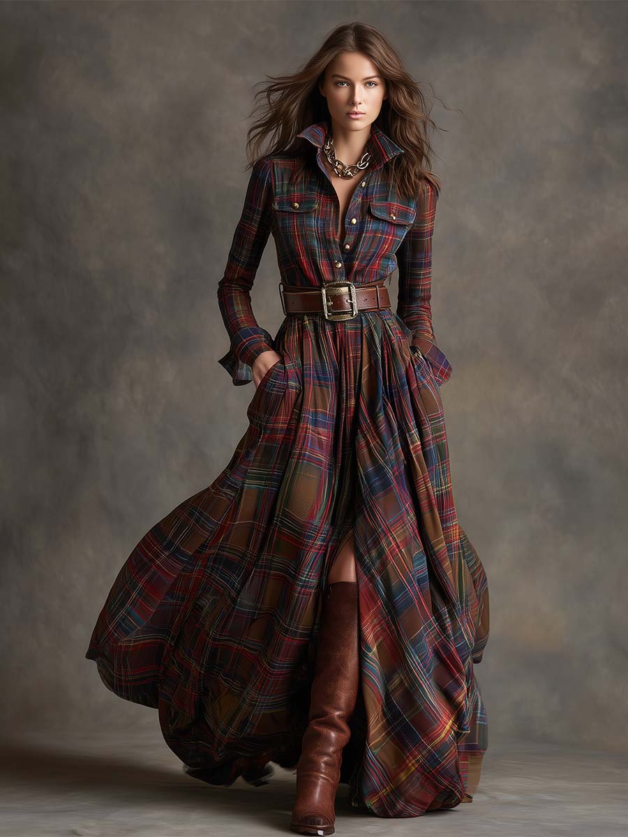 Robe Maxi Rétro à Carreaux Marron Rouge avec Col Ethnique