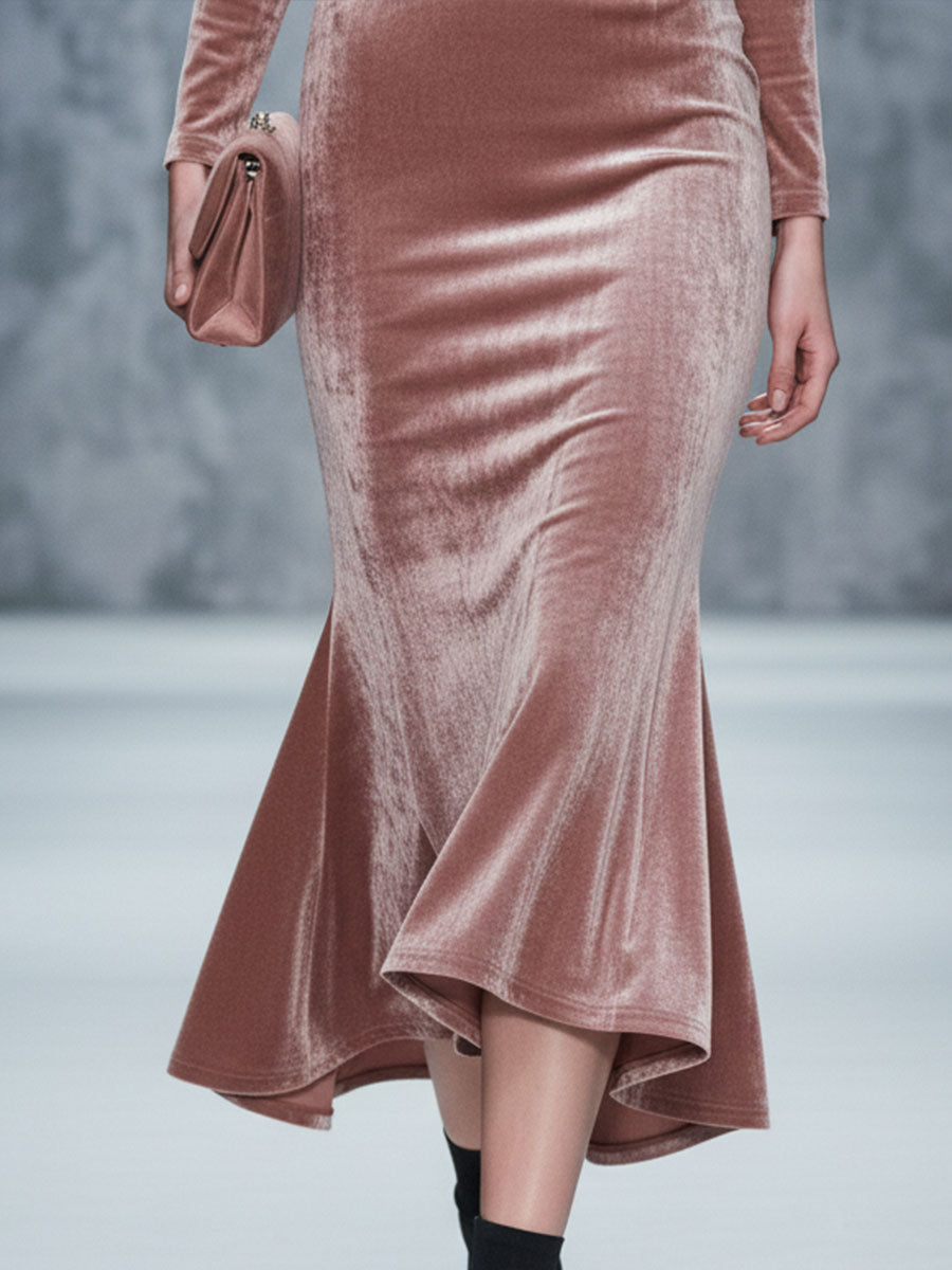 Exquisite Pink Velvet Vintage Midi Dress