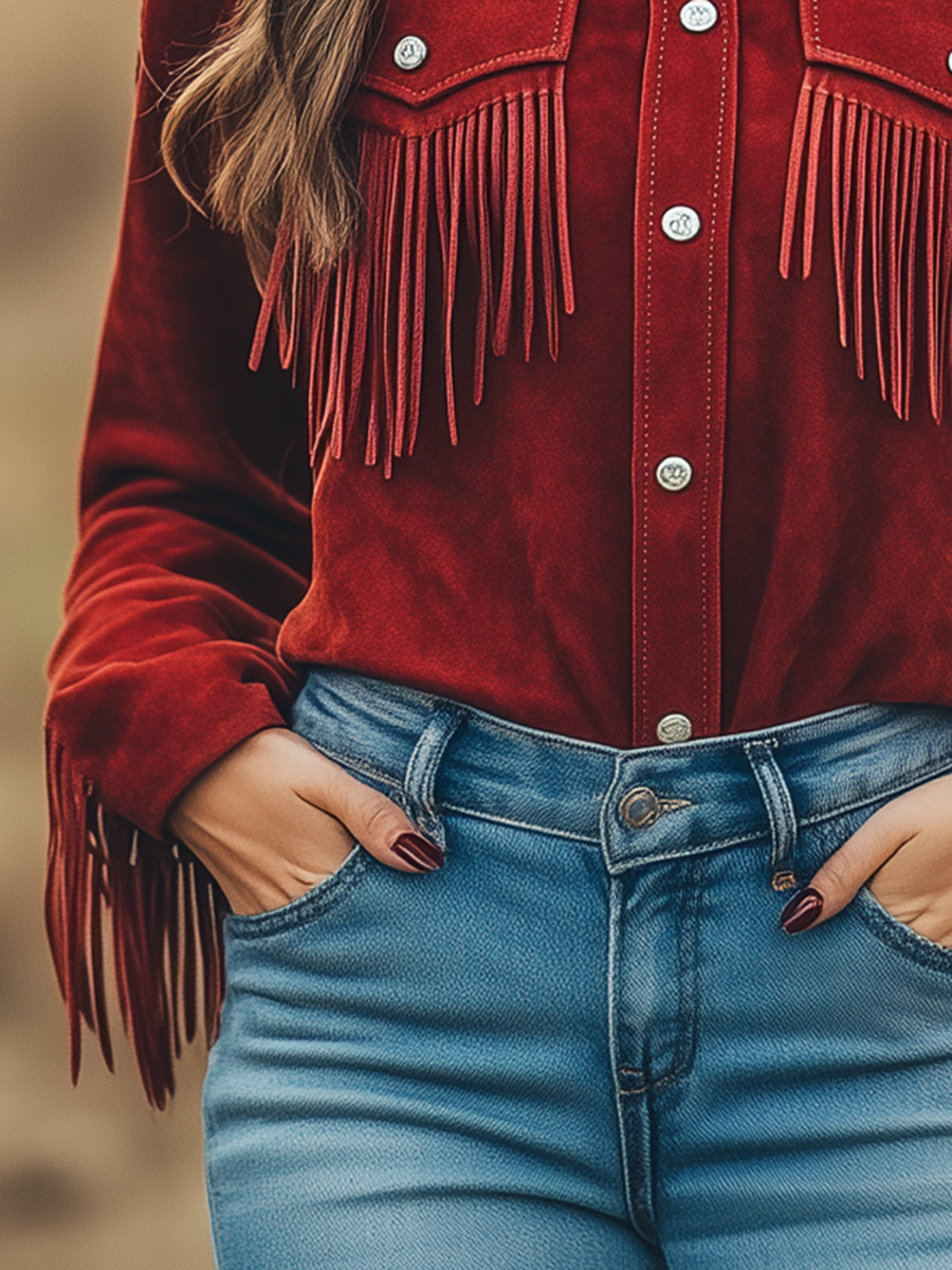 Chemise Western Cowboy Rouge en Daim à Manches Longues avec Col à Revers et Franges - Expédition Rapide sous 24 Heures!