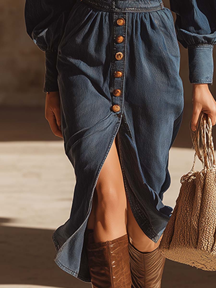 Robe Midi Vintage en Denim Bleu Foncé à Col en V et Manches Longues