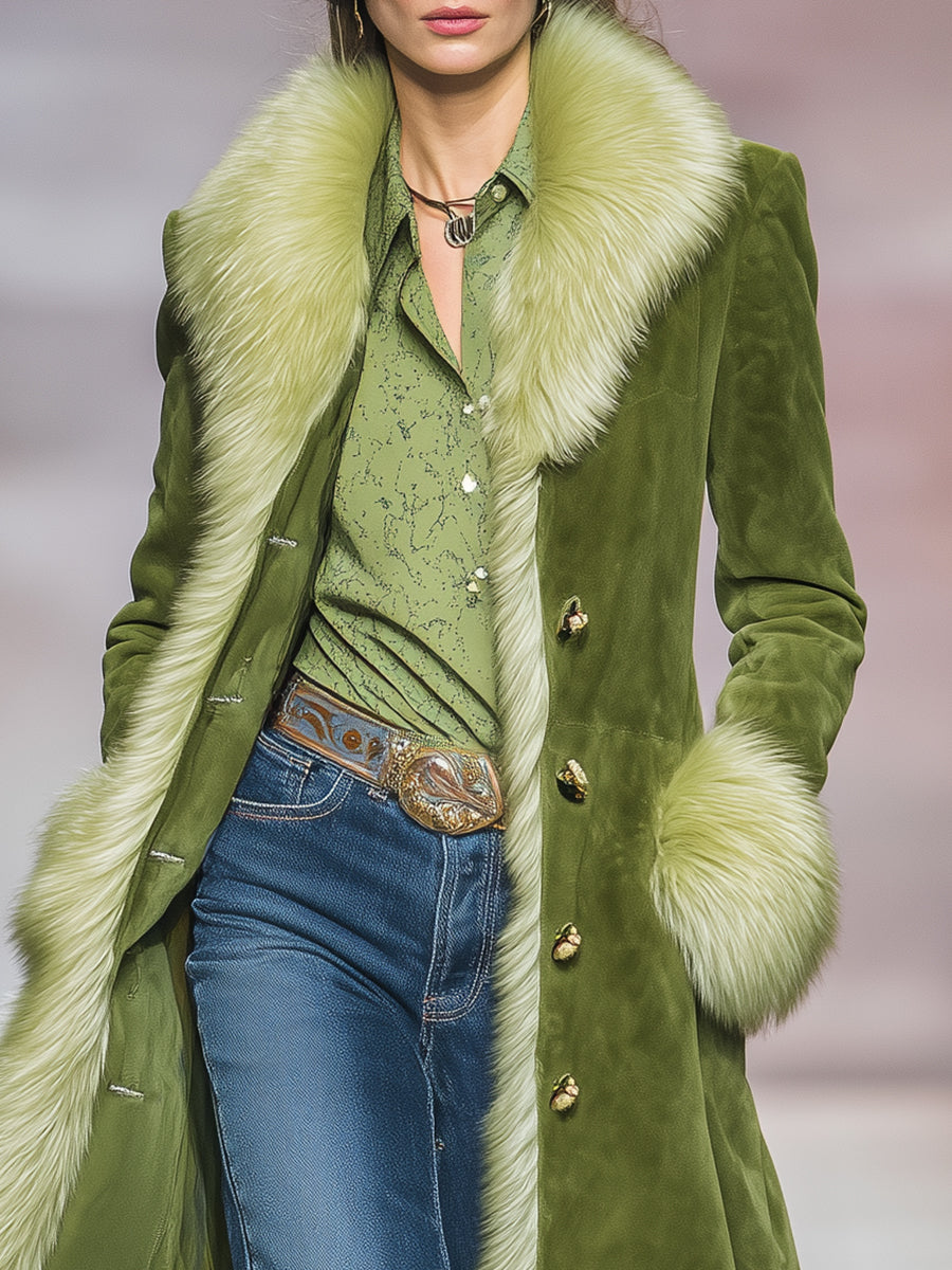 Veste Longue en Velours Vert avec Détails en Fausse Fourrure Vintage