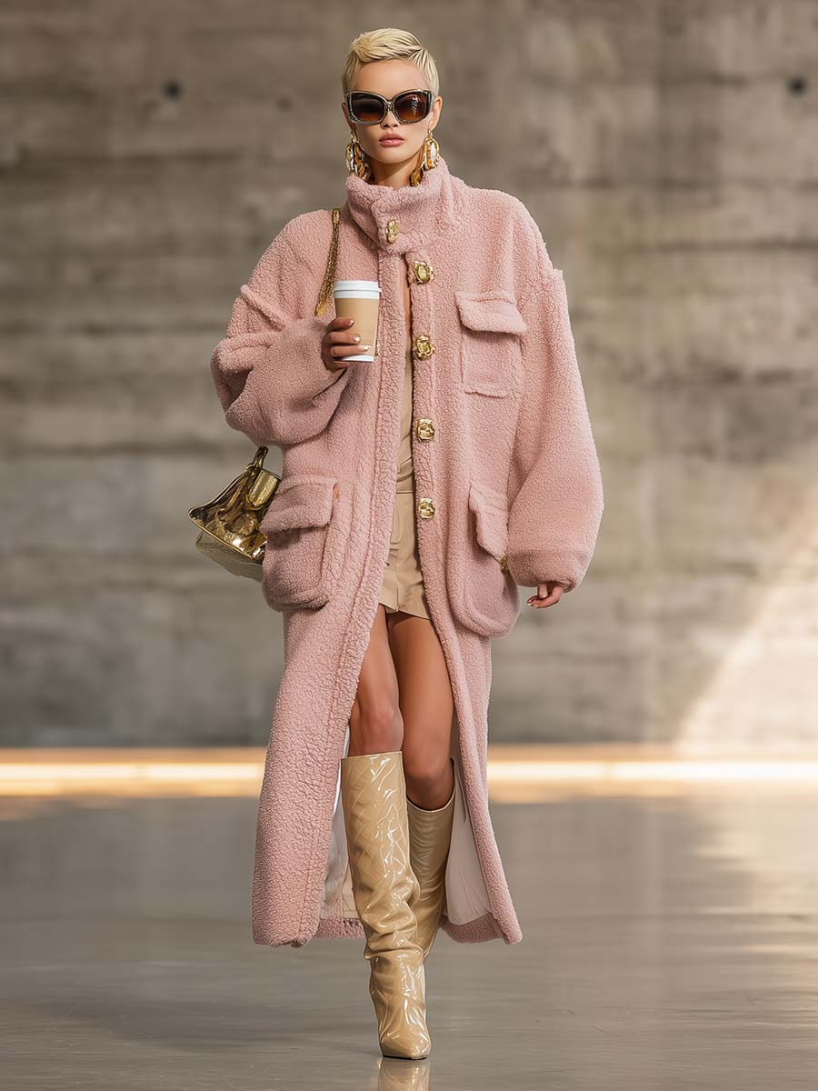 Exquis Manteau en Polaire Rose à Col Haut et Boutons Vintage