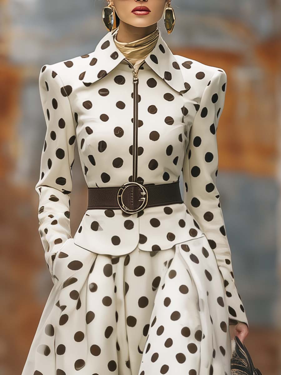 Veste Vintage à Pois Bruns avec Col Crème et Jupe Évasée à Ourlet