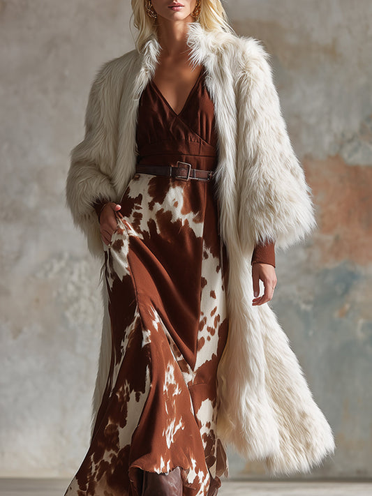 Veste Midi en Fausse Fourrure Blanche - Élégance Rétro Western