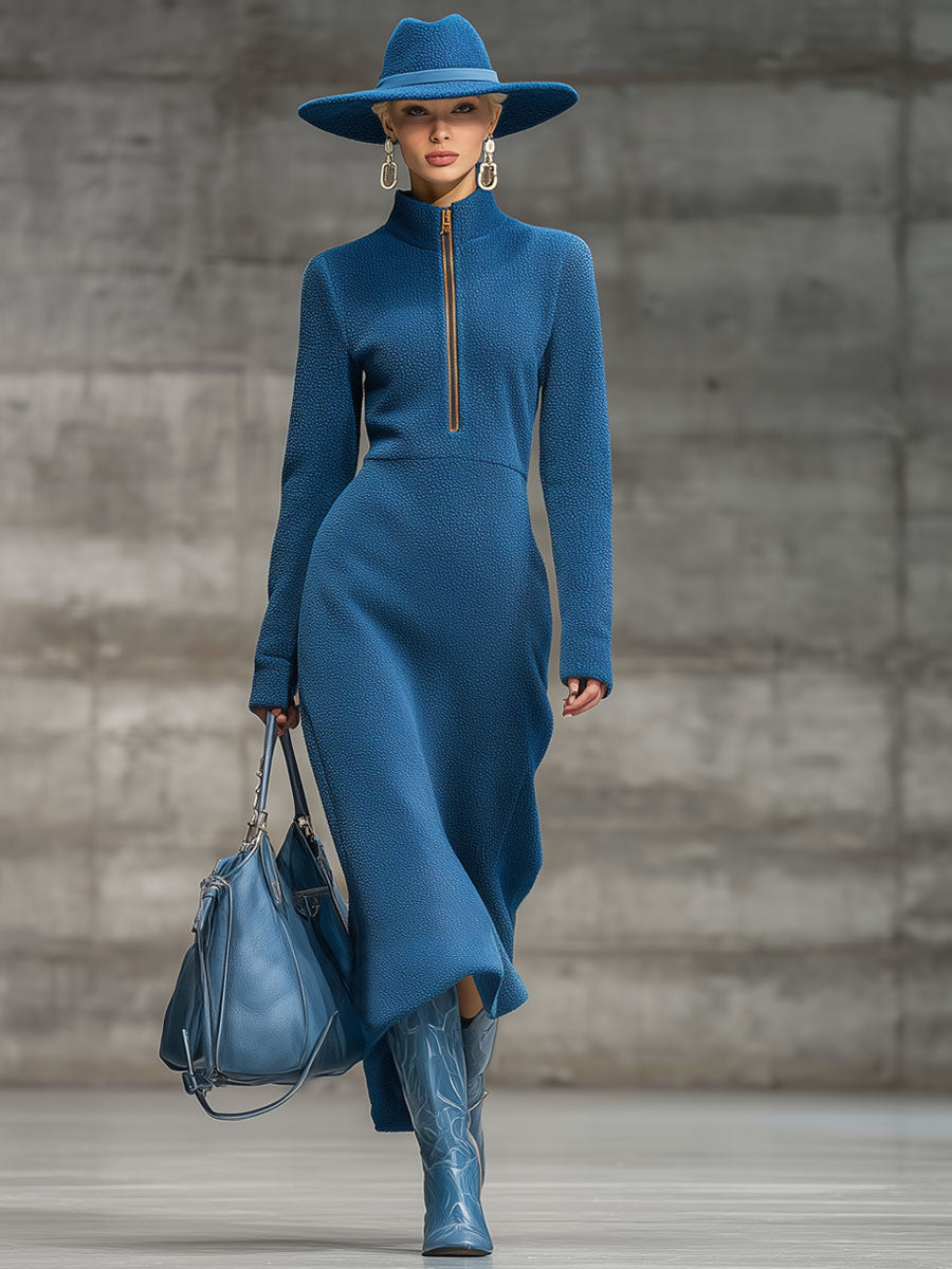 Décontractée Robe Midi Zippée en Polaire Vintage Bleu Nuit