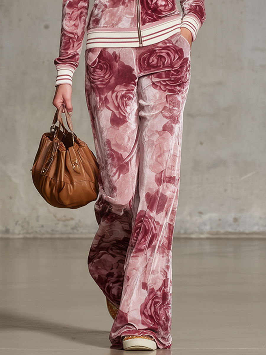 Ensemble Chic en Velours Imprimé Rose : Top à Zip et Pantalon Coordonné