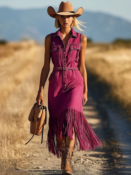 Robe Midi Décontractée en Denim Fuchsia : Sans Manches, Franges et Lacets - Expédition Rapide en 24 Heures !