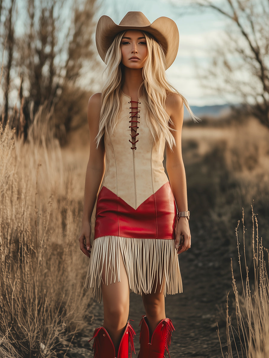 Expédition Rapide en 24h : Robe Mini Élégante Sans Manches au Style Rétro Western avec Franges Contrastées