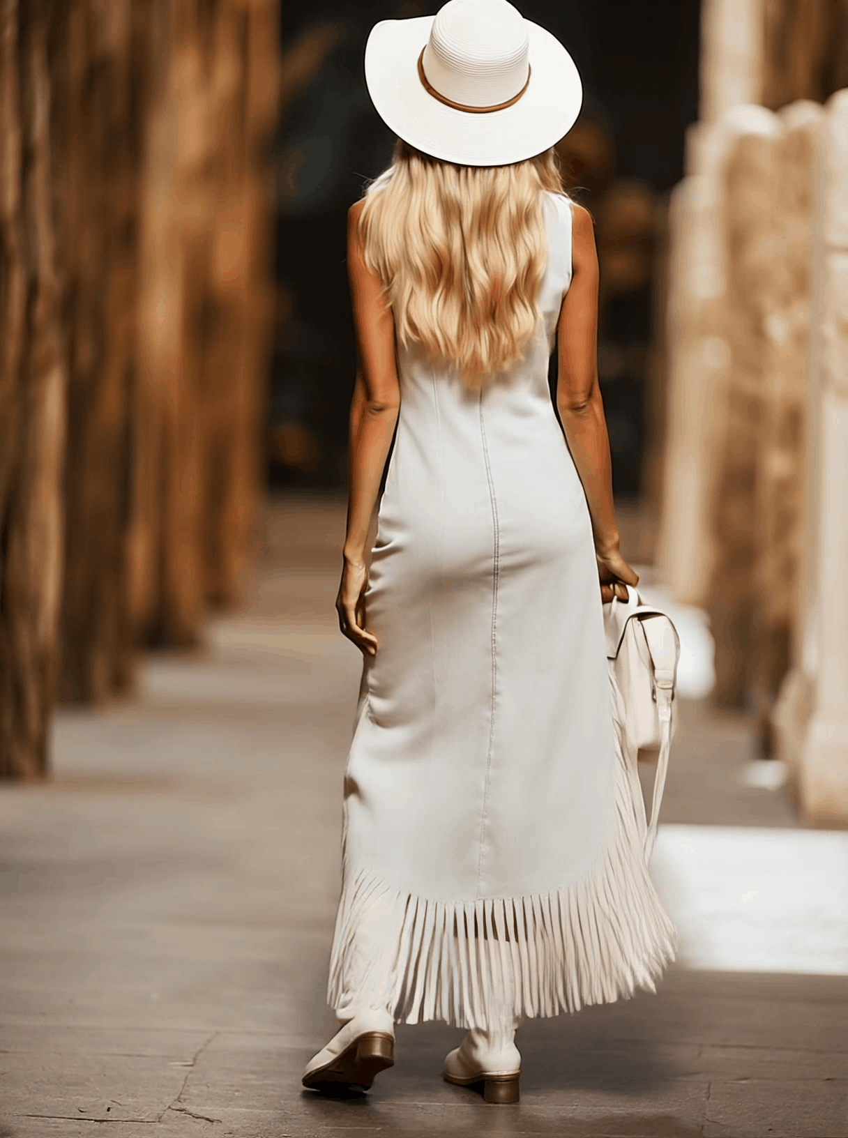 Robe Midi Sans Manches en Denim Blanc avec Broderie Marron Vintage - Expédition Rapide en 24 Heures