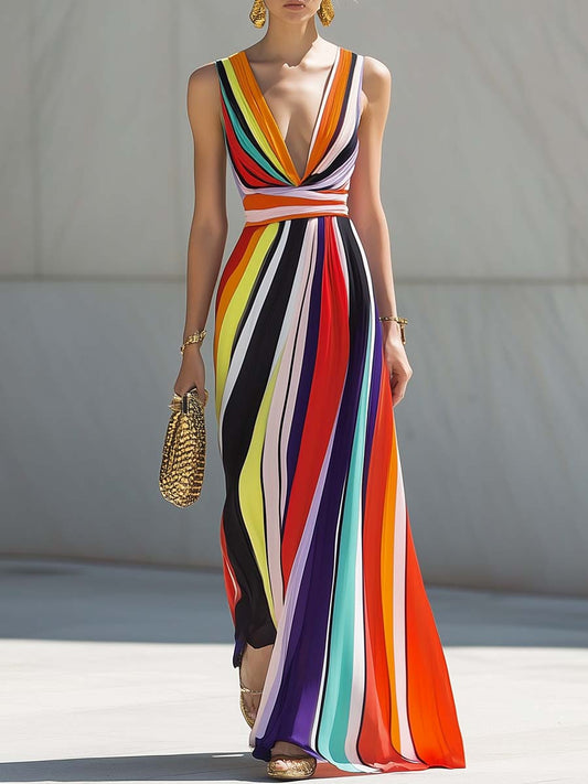 Robe Maxi Chiffon Arc-en-Ciel à Rayures - Décolleté en V Élégant, Expédition en 24 Heures!