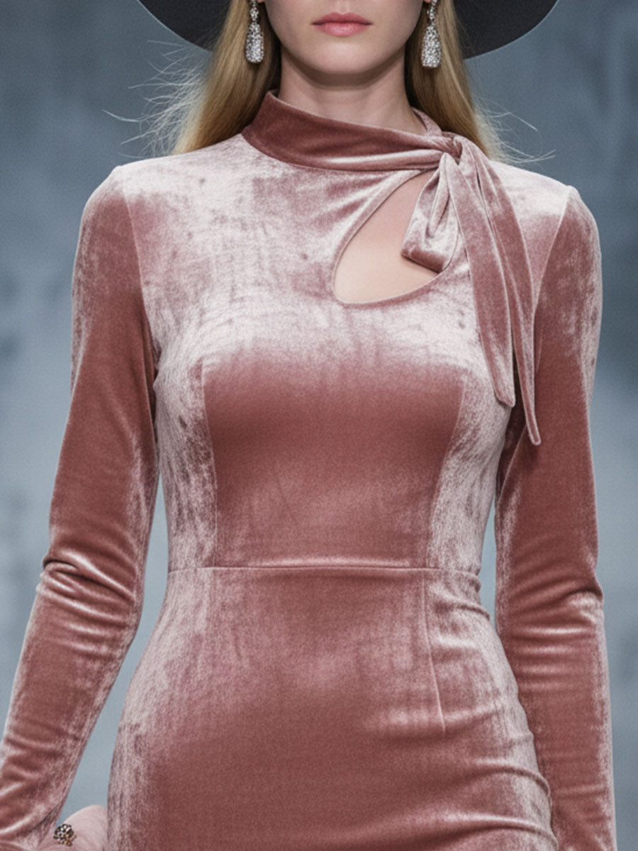Exquisite Pink Velvet Vintage Midi Dress