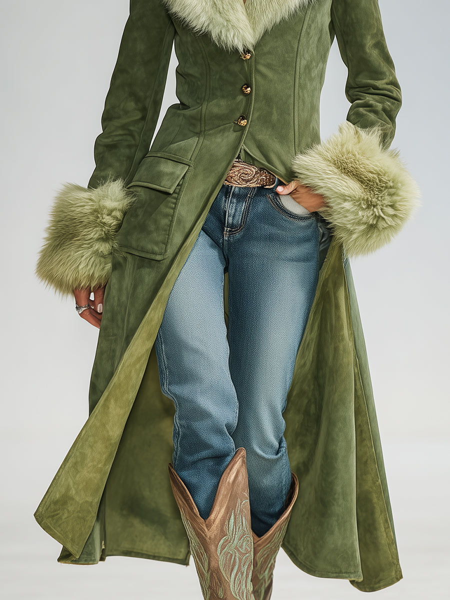 Veste Vintage en Suède Synthétique Verte avec Col en Fausse Fourrure