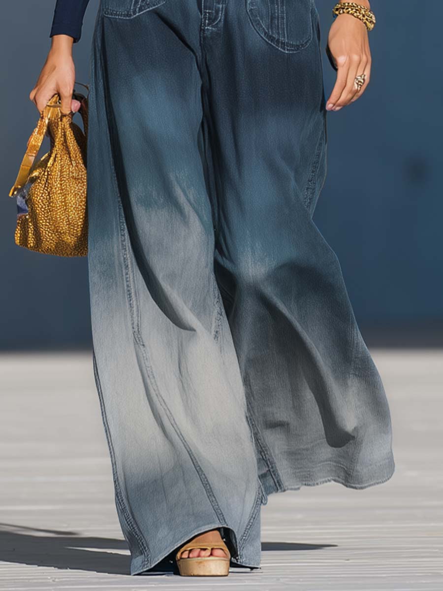 Jean ample délavé dégradé bleu-gris pour un look décontracté
