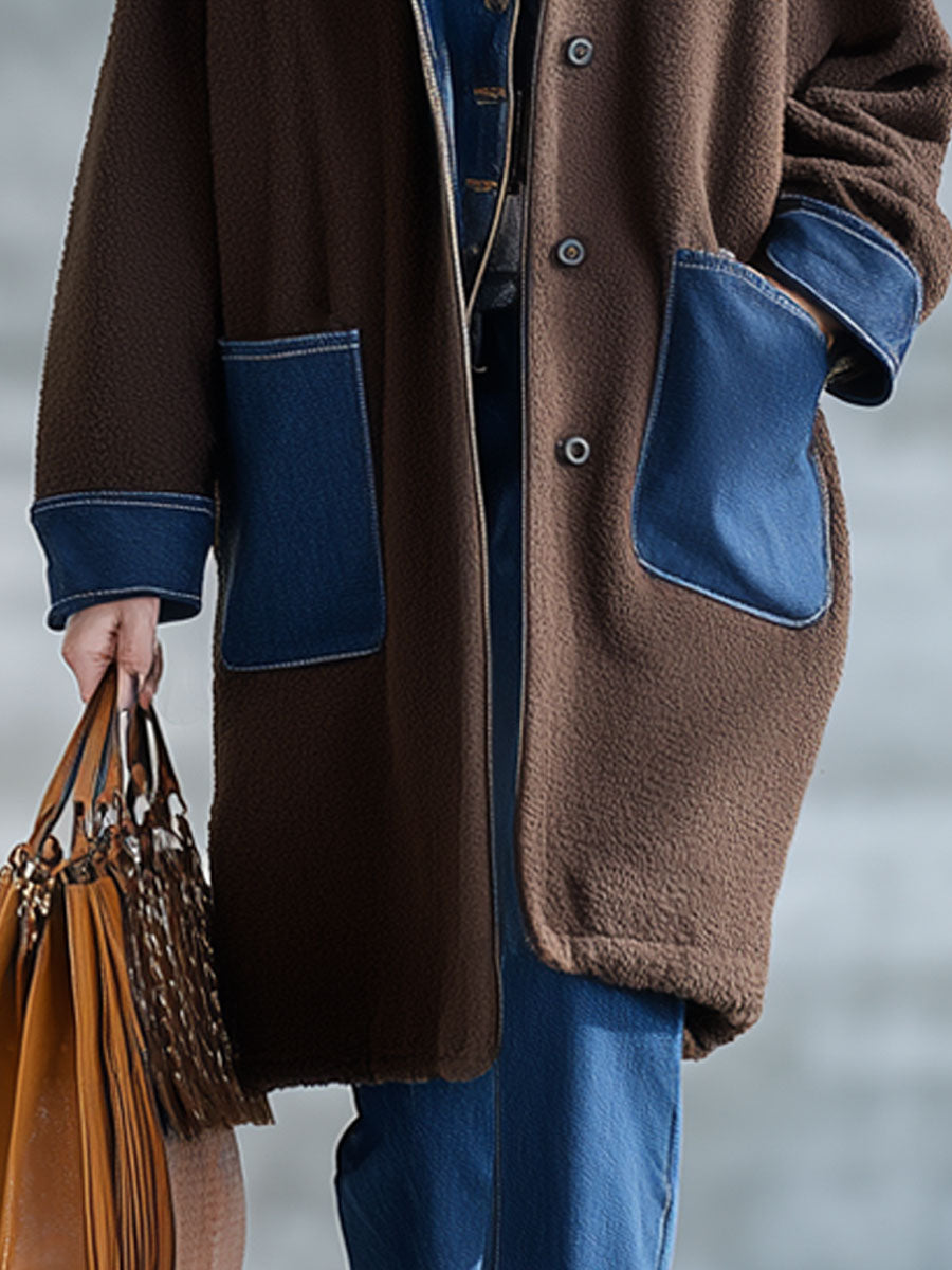 Veste en polaire chocolat avec patchwork en denim - Chic nomade urbain rétro
